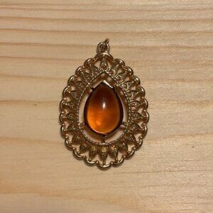 Sarah Cov Signed Gold Tone Amber Color Teardrop Pendant Acrylic Stone